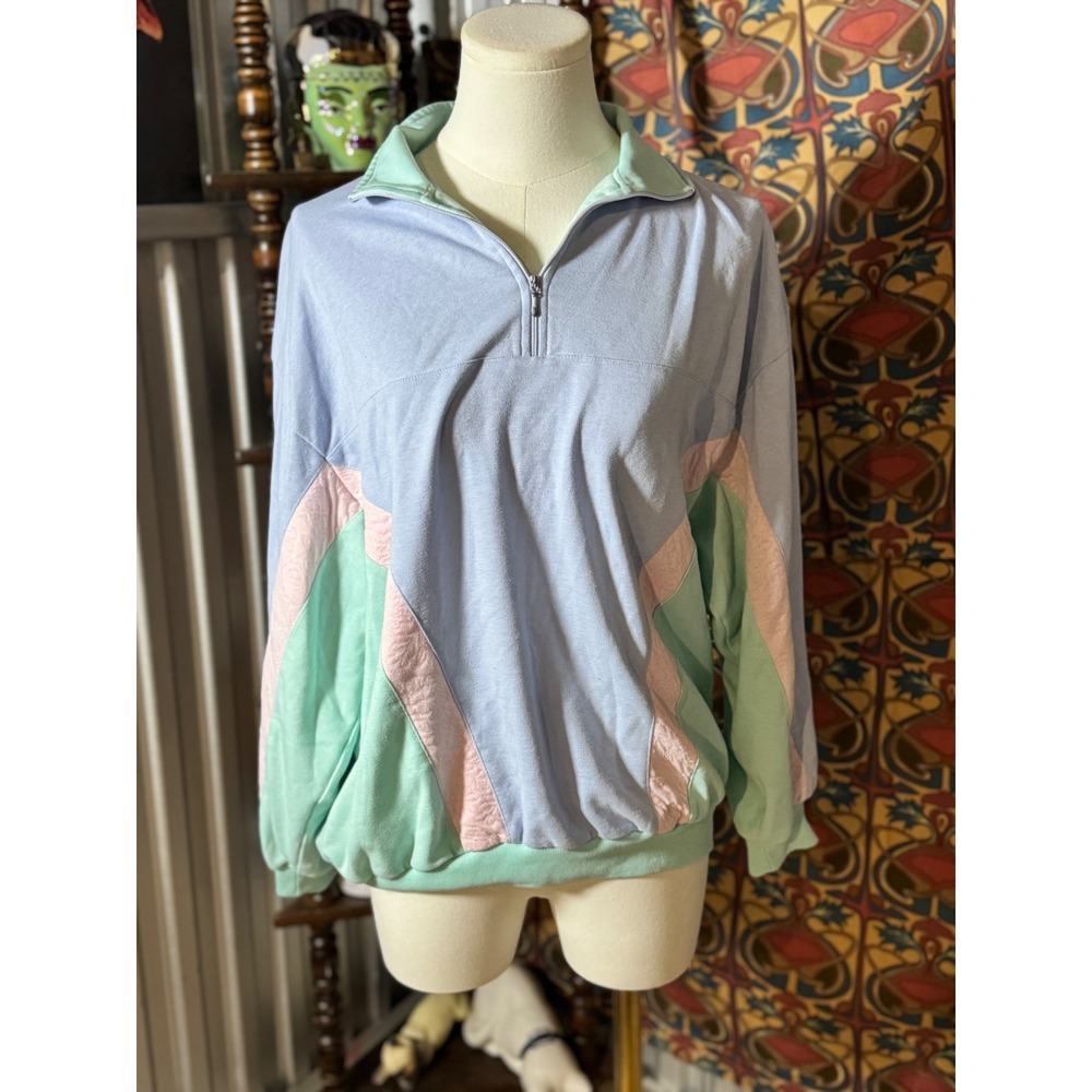 Alison Craig Color Block Pullover Top Size L Pastel Blue Pink Green 90s Vintage‎